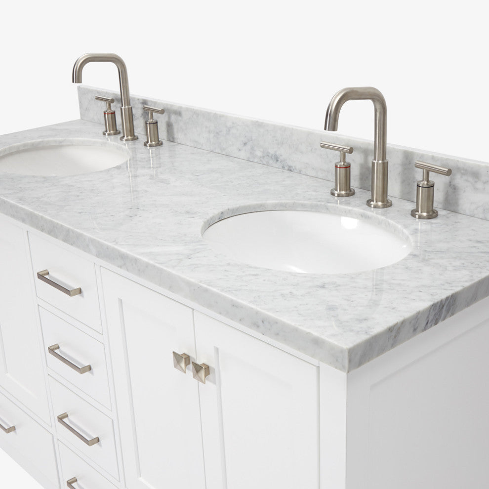 ARIEL Cambridge 61" Double Oval Sink Bathroom Vanity White With Marble Top