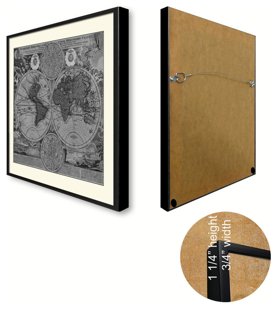 World Vintage Map Print On Canvas With Black Custom Frame, 28" X 37"
