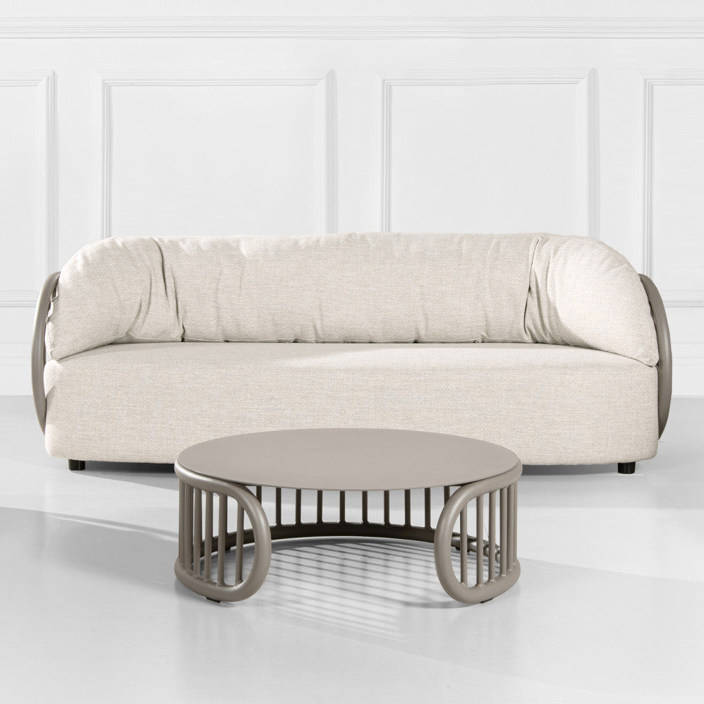 Harper 34.5" Aluminum Barrel Outdoor Patio Round Coffee Table, Geige Taupe