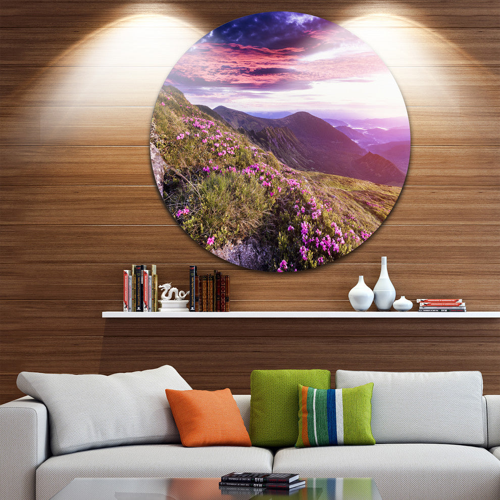 Rhododendron Flowers In Hills, Landscape Photo Round Wall Art, 11"