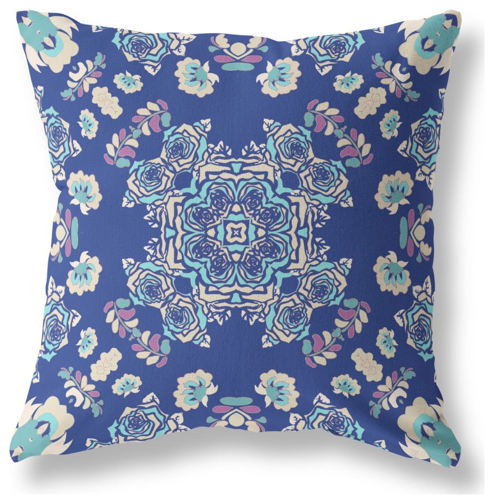 20" Blue Cream Wreath Indoor Outdoor Zippered Throw Pillow