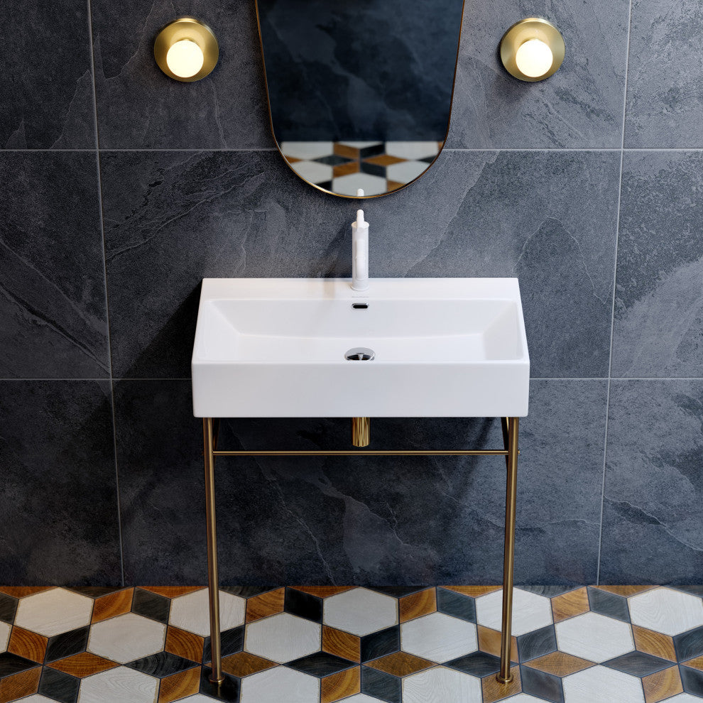 Claire 30" Ceramic Console Sink White Basin Gold Legs, Brushed Gold