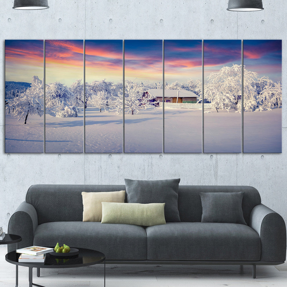 Snowfall Covering Trees and Houses, Landscape Canvas Print, 83"x32", 7 Panels
