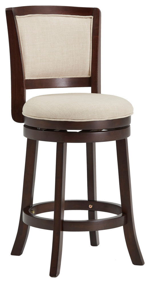 Janczy Dark Cherry Finish Beige Linen Swivel Chair, Counter Height