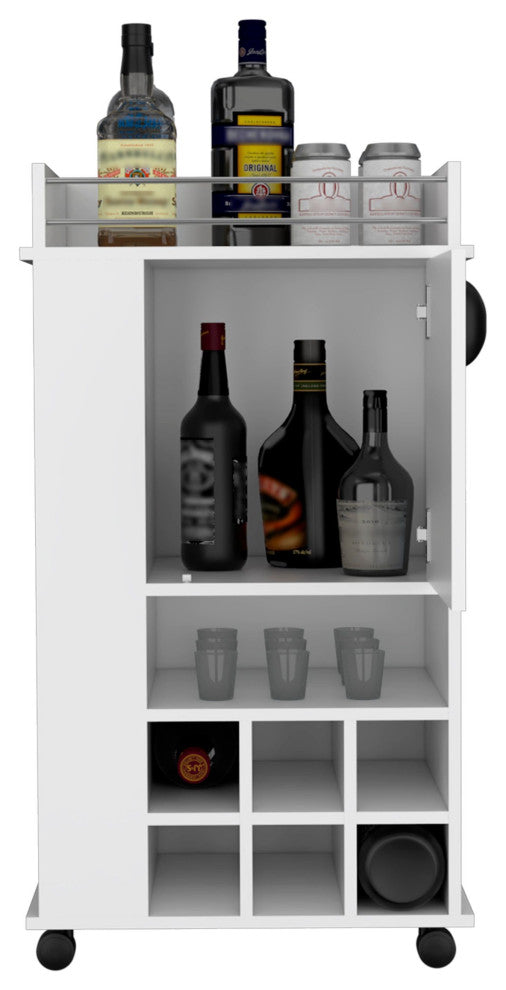 Farson Bar Cart with 6 Built-in Wine Racks, Cabinet, and Caster Wheels, White