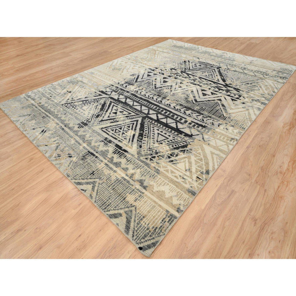 Gray, Erased Ethnic Geometric Design, Pure Wool Hand Knotted Rug, 9'9" x 13'10"