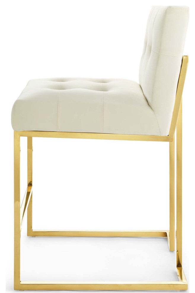 Counter Stool Chair, Velvet, Metal, Gold Ivory White, Modern, Bar Pub Bistro