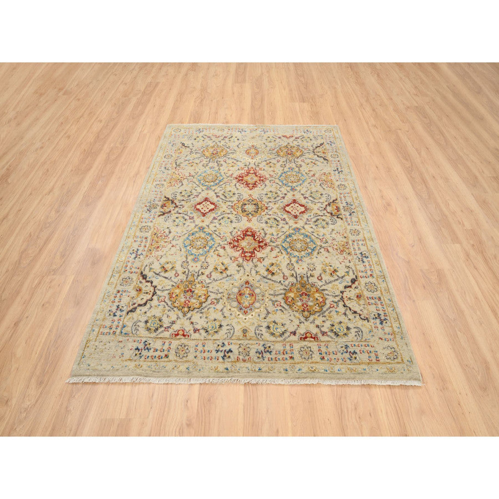 Beige, Hand Knotted, THE SUNSET ROSETTES Wool and Pure Silk, Rug, 5'3" x 7'0"