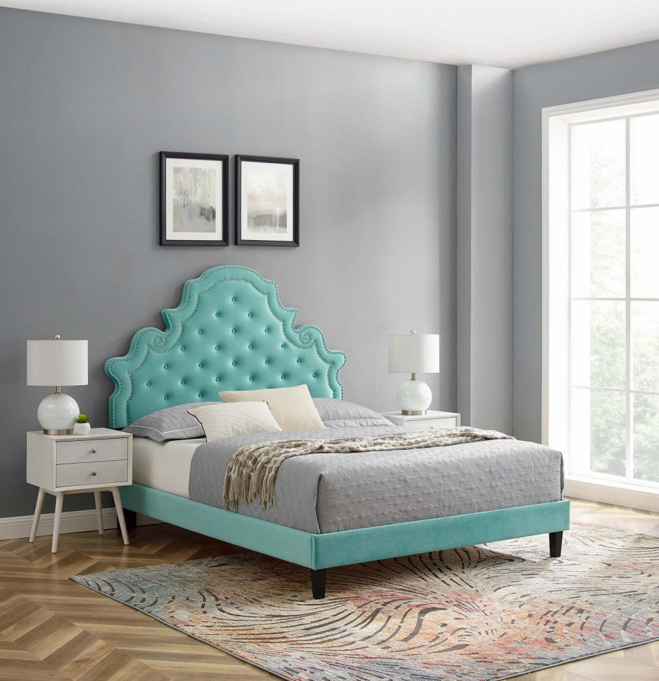 Tufted Platform Bed Frame, Queen Size, Velvet, Blue, Modern Contemporary
