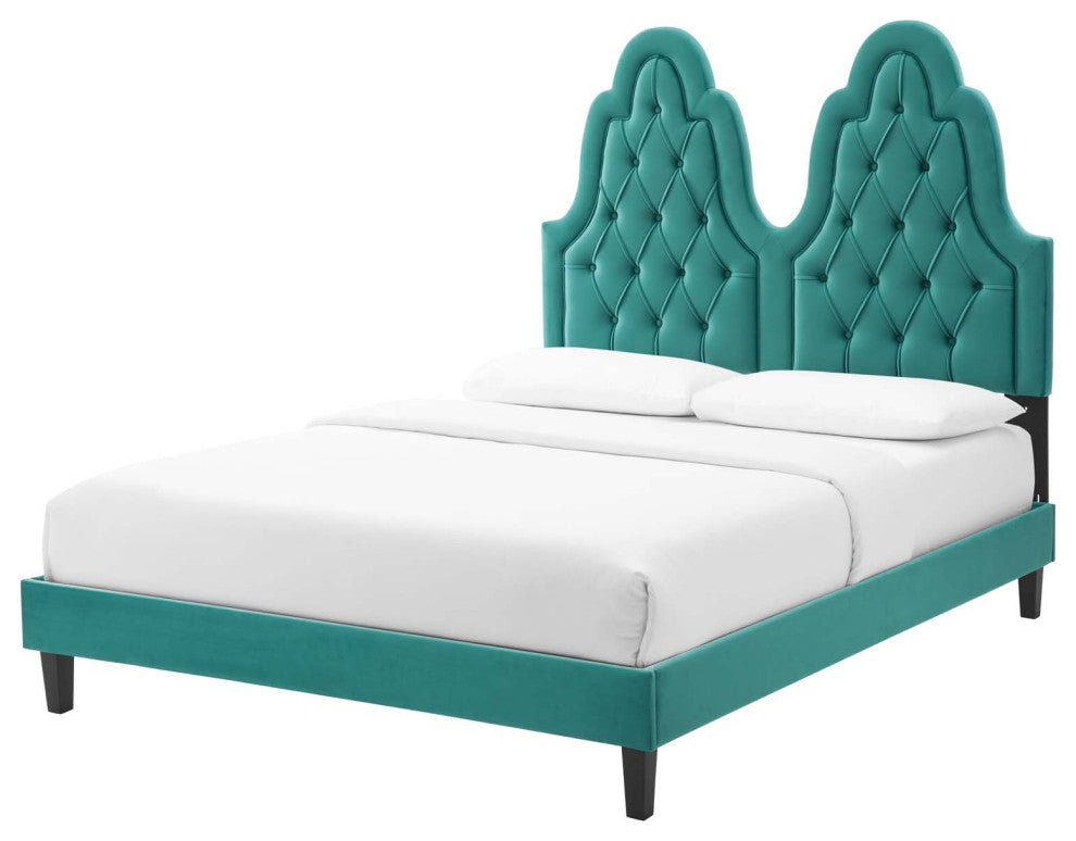 Tufted Platform Bed Frame, Queen Size, Velvet, Teal Blue, Modern Contemporary
