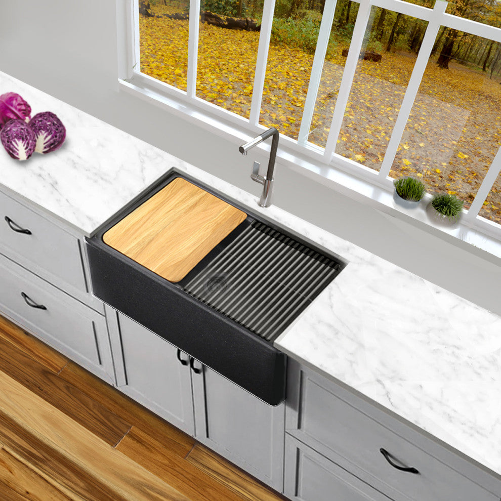 30" Reversible Workstation Granite Composite Apron Sink With Accessories, Black