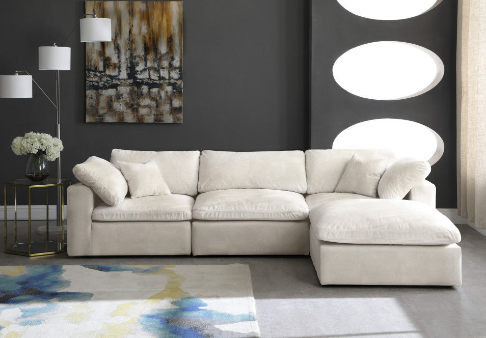 Cozy Velvet Upholstered Comfort L-Shaped Modular Sectional, Cream, 4-Piece: 1 Armless Chair, 2 Corner Chair, 1 Ottoman