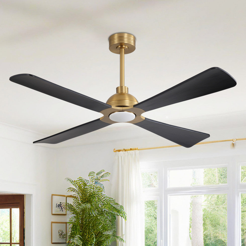 56" 4-Blade Solid Wood Ceiling Fan With LED Light and Remote Control, Gold/Black