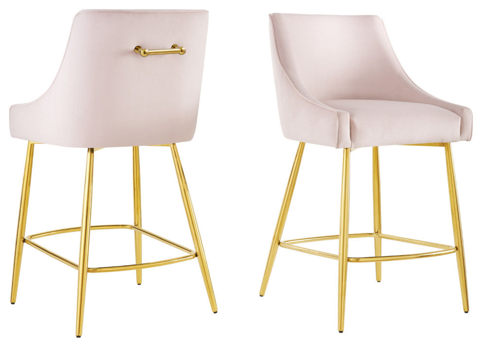 Counter Stool Chair, Set of 2, Pink, Velvet, Modern, Mid Century Lounge Dining