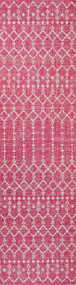 Ourika Moroccan Geometric Indoor/Outdoor Rug, Fuchsia/Light Gray, 2x8