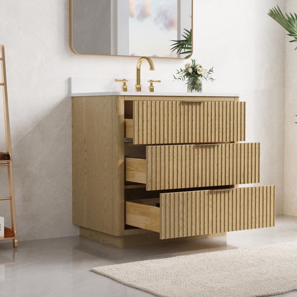 Solid Wood Freestanding Bathroom Vanity with White Quartz Top and Backsplash, 36"