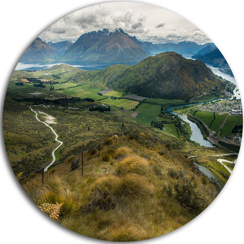 Fields And Hills In New Zealand, Landscape Photo Disc Metal Art, 11"