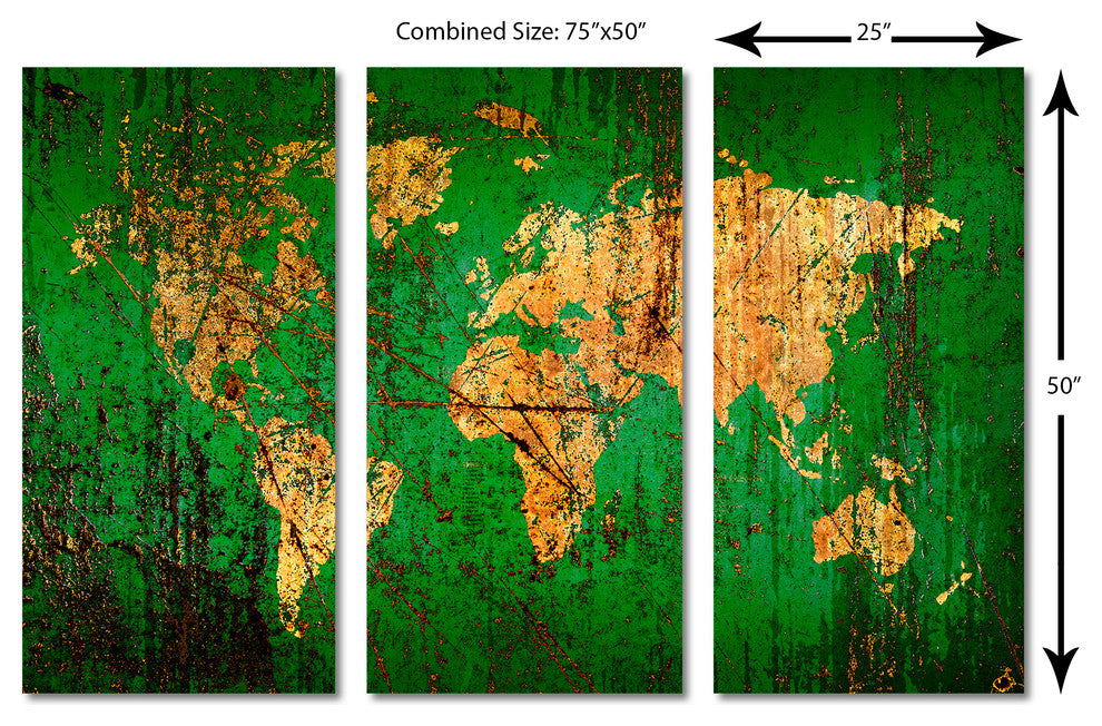 Abstract Green World Map Canvas Print 3 Panel Split, Triptych Wall Art