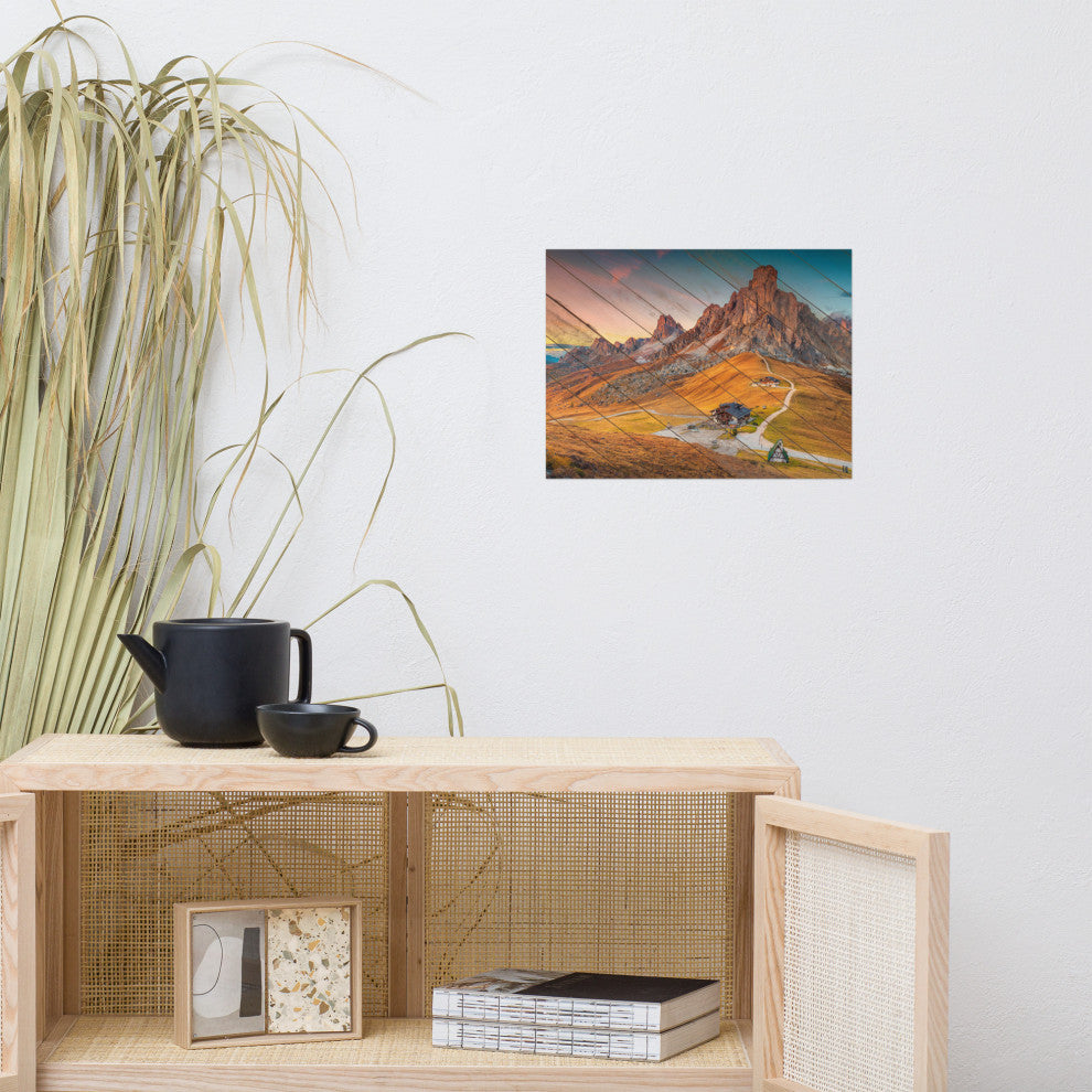 Faux Wood Majestic Sunset & Alpine Mountain Landscape Photo Wall Art Print, 12" X 16"