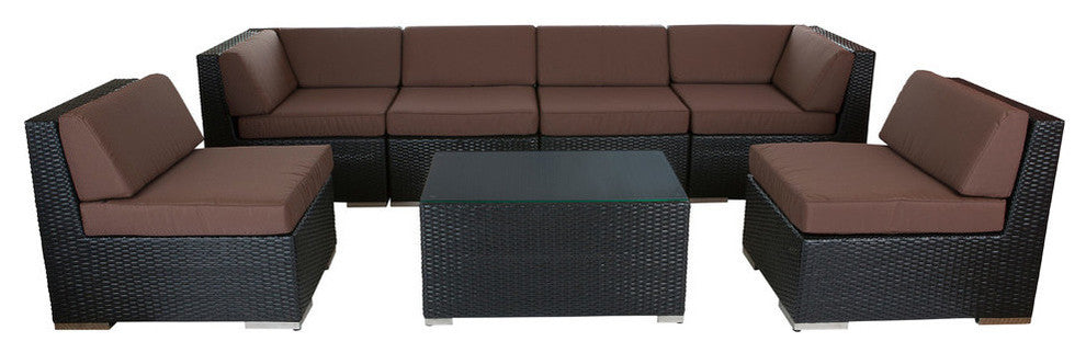 Ohana 7-Piece Deep Seating Sectional Set, Brown, Black Wicker