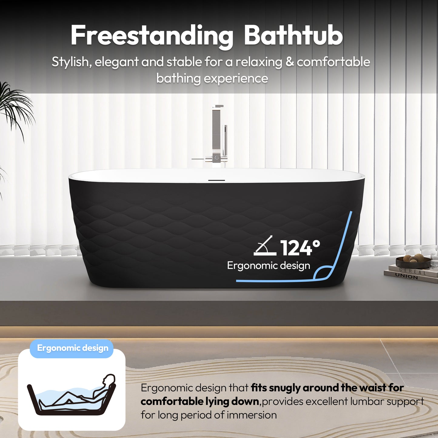 London Freestanding Acrylic Soaking Bathtub, Black, 66.9"l X 31.5"w