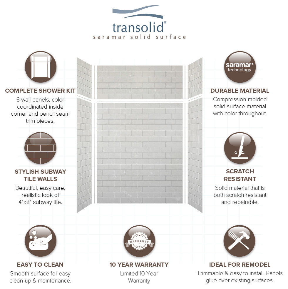 Transolid SaraMar 60"x36"x96" 6-Piece Shower Wall Kit with Extension, Lunar