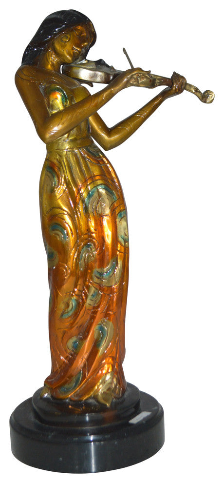 Girl Playing the violin Bronze Statue -  Size: 10"L x 7"W x 19"H.