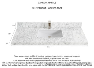 Parker 60 Single Sink Bathroom Vanity in White 2" Carrara Marble