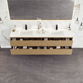 Lotus 71"W Oak Wallmount Vanity With White Solid Surface Int. Double Sink Top