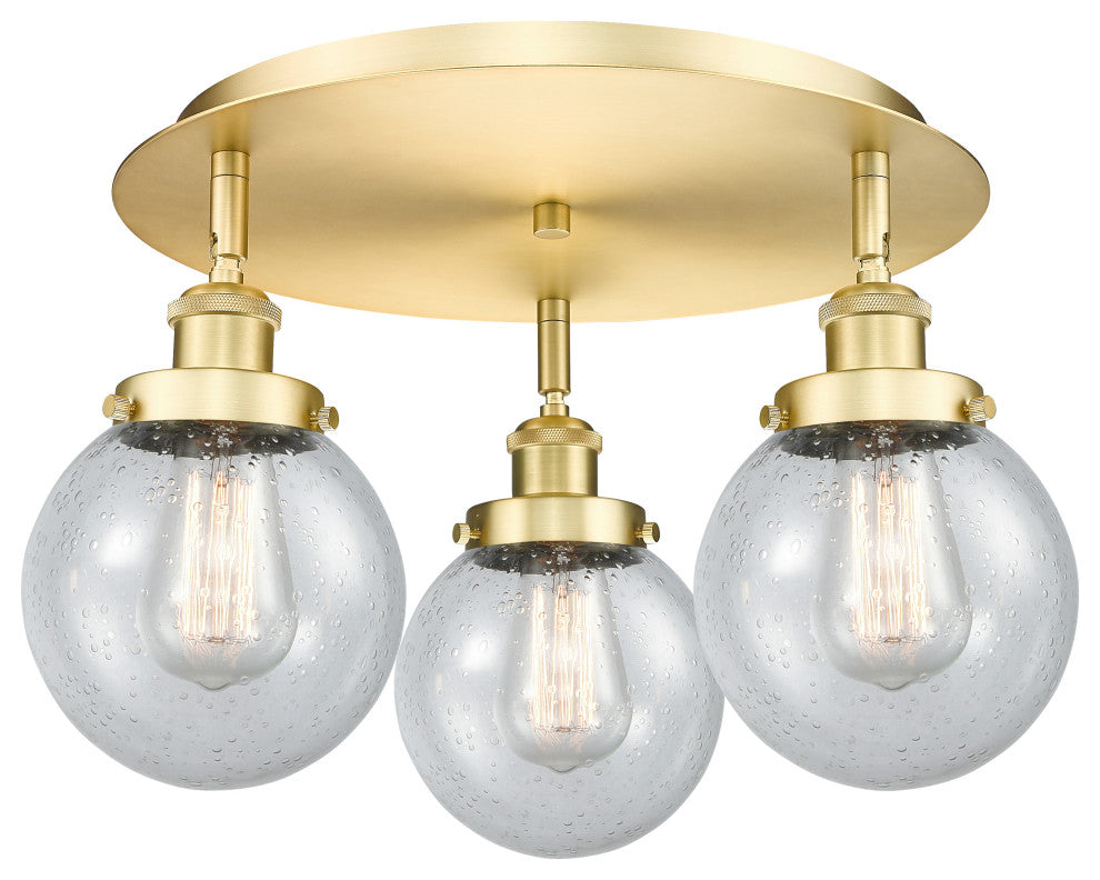 Beacon-3 Light 18" Flush Mount-Satin Gold, Seedy Glass Shade