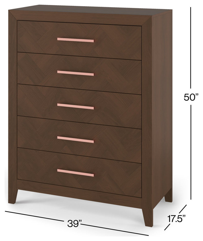 Modern Vertical Dresser, 5 Drawers With Elongated Metal Pulls, Toasted Chestnut