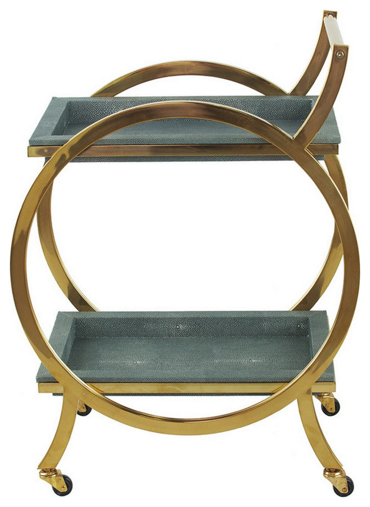 Benzara BM285193 34" Rolling Bar Cart, Steel Frame, Removable Trays Gray, Gold