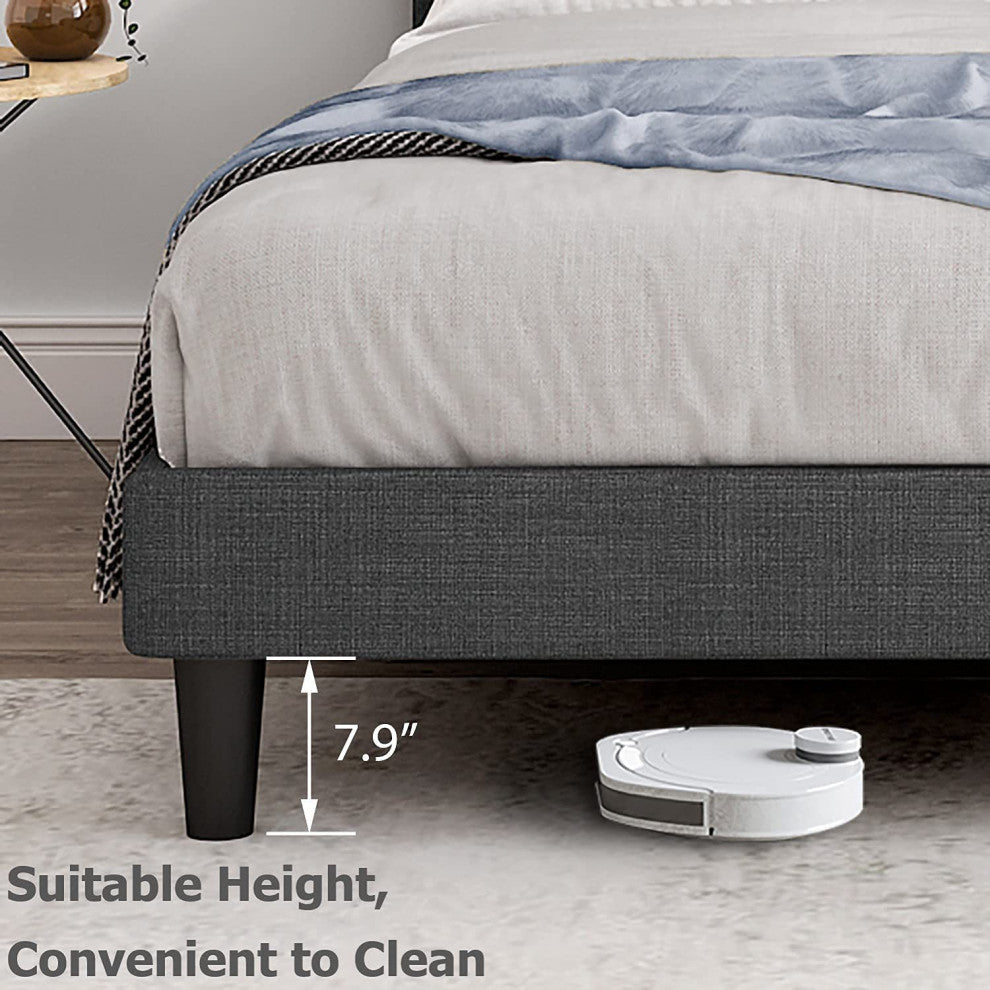 Queen Size Metal Bed Frame with Geometric Upholstered Headboard