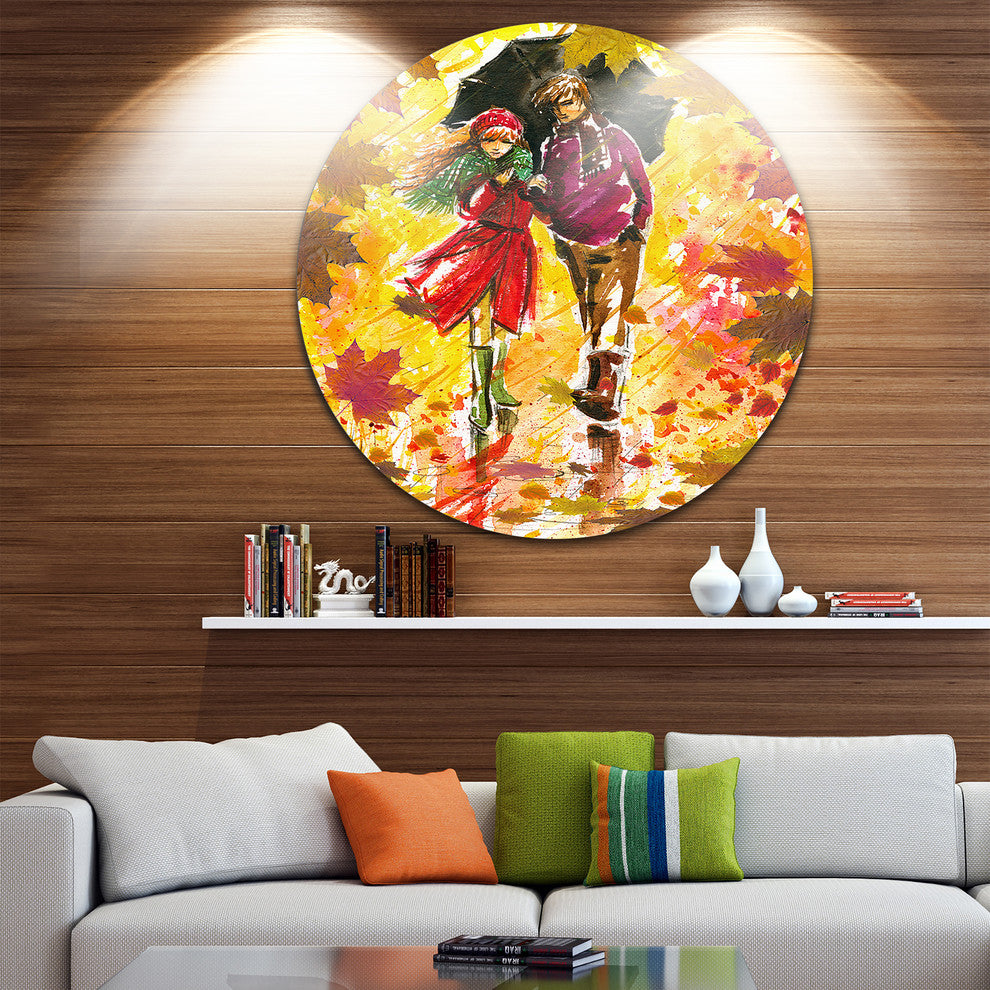 Autumn Walk Of Couple, Landscape Large Disc Metal Wall Art, 11"