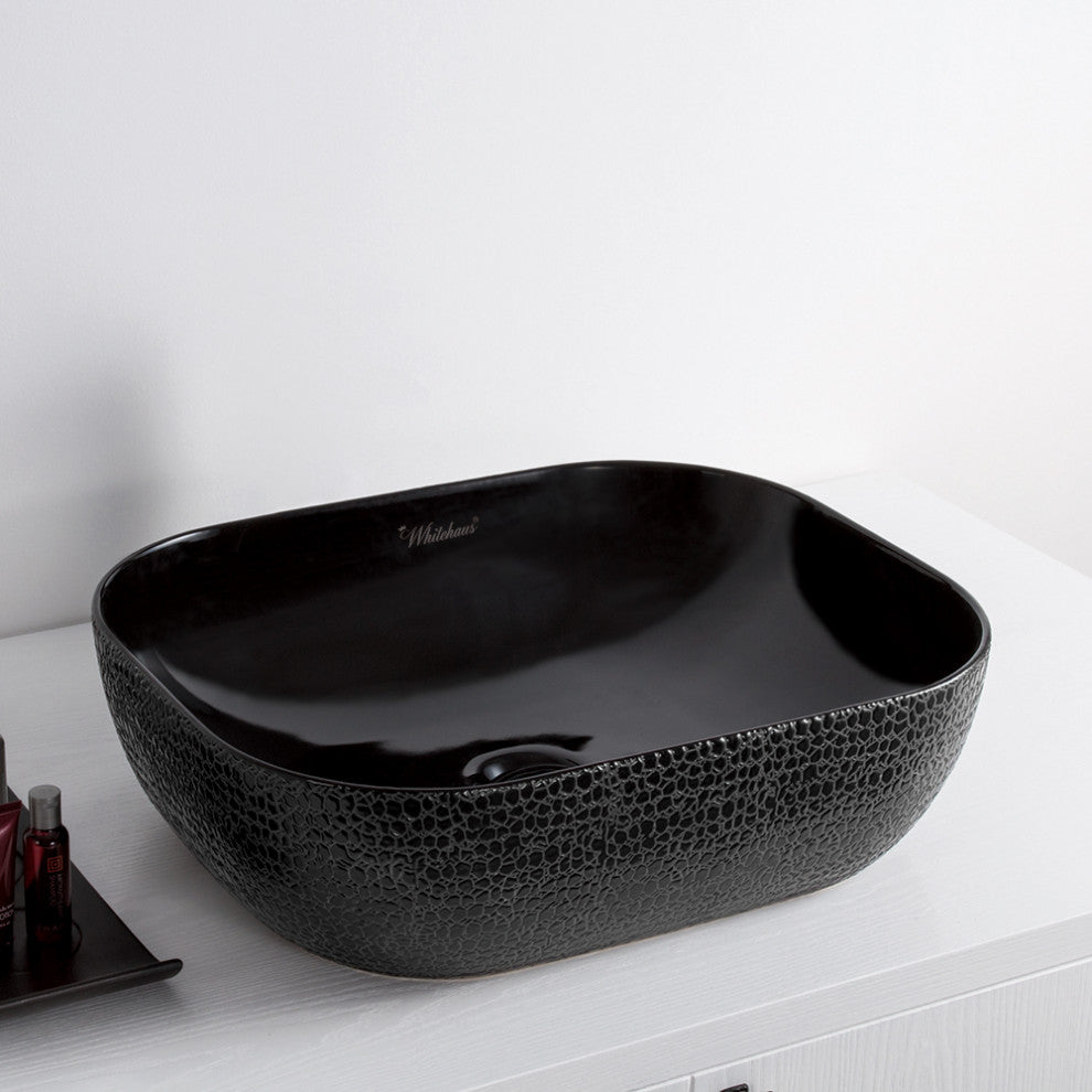 Rectangular Above Mount Basin, Embossed Exterior, Smooth Interior, Center Drain