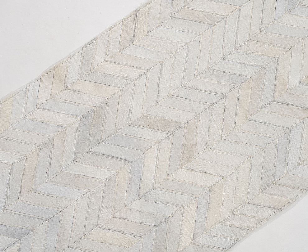 Cowhide Patchwork Runner Rug - Herringbone Off White 2.5"X8"