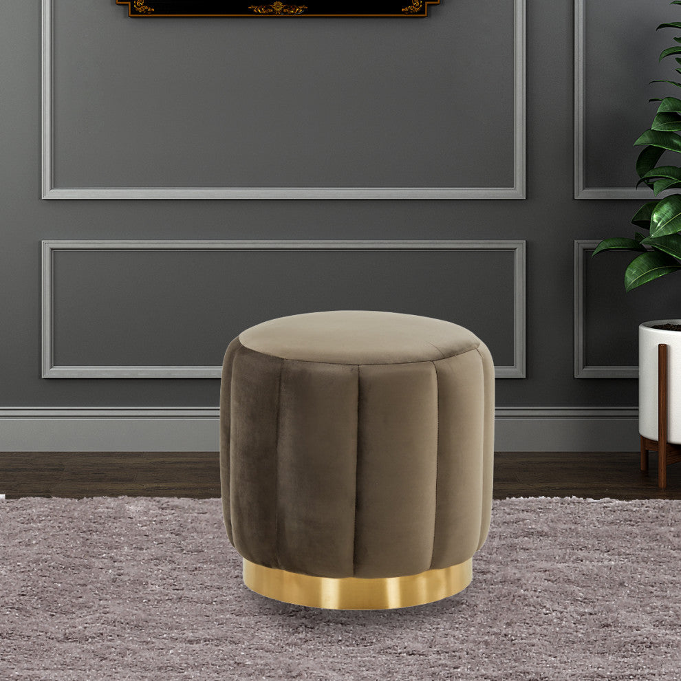 LeisureMod Franklin 19" Round Velvet Ottoman With Gold Base, Dark Grey