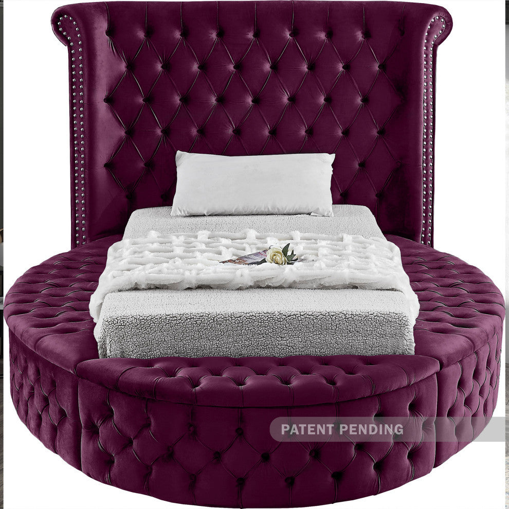 Luxus Button Tufted Velvet Round Bed, Purple, Twin