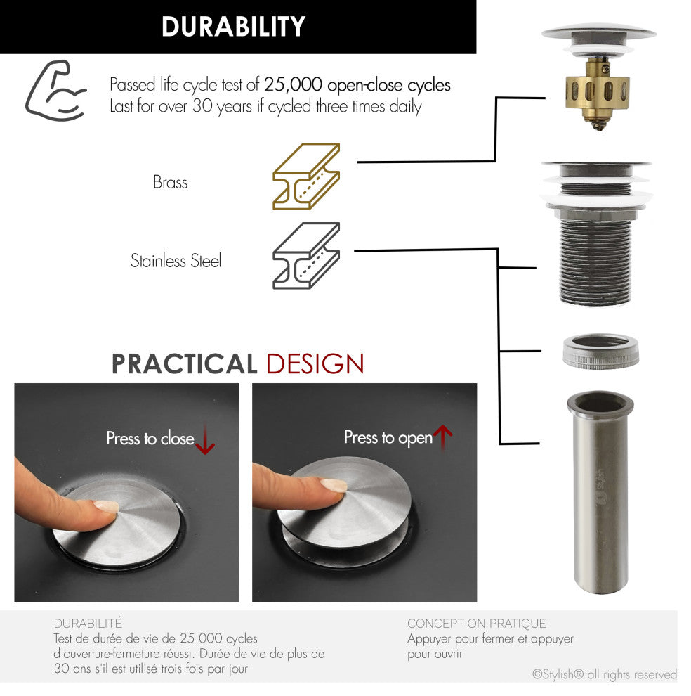 STYLISH Brushed Nickel Pop-Up Bathroom Sink Drain without Overflow