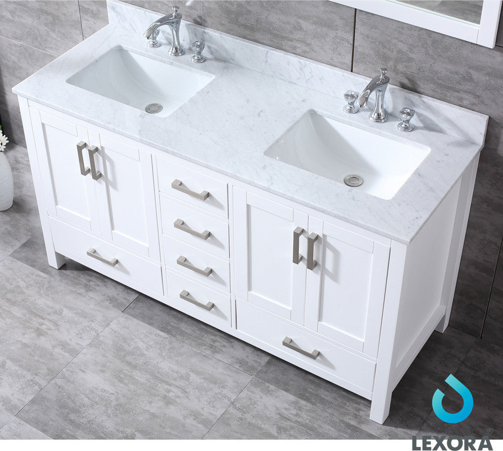 60" Double Vanity With Carrera Marble Top, Sink and 58" Mirror