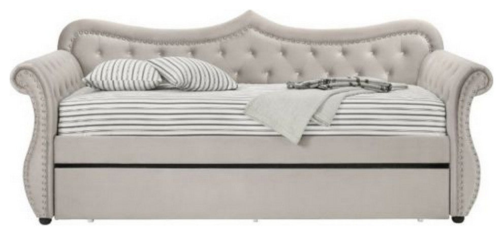 Benzara Wood Daybed With Trundle, Button Tufted With Nailhead Trim, Beige