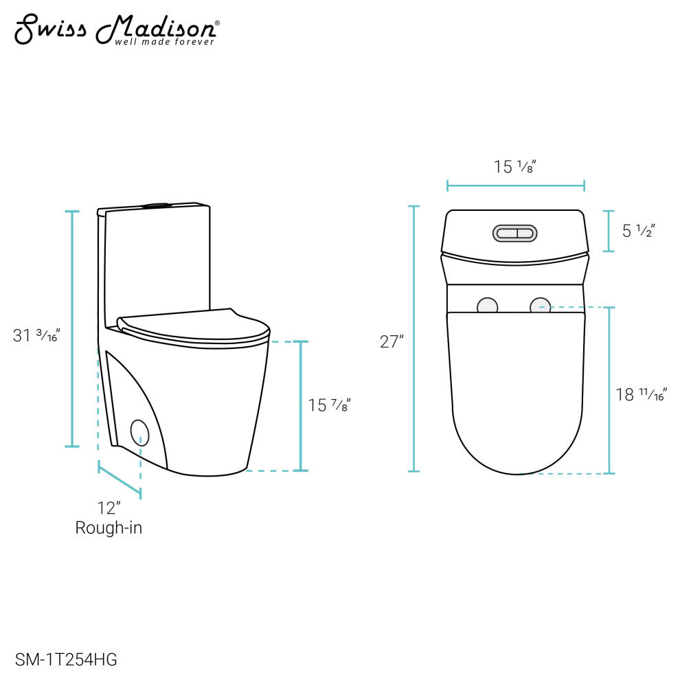 St. Tropez Elongated Toilet, Dual Vortex Flush, Glossy White With Gold Hardware