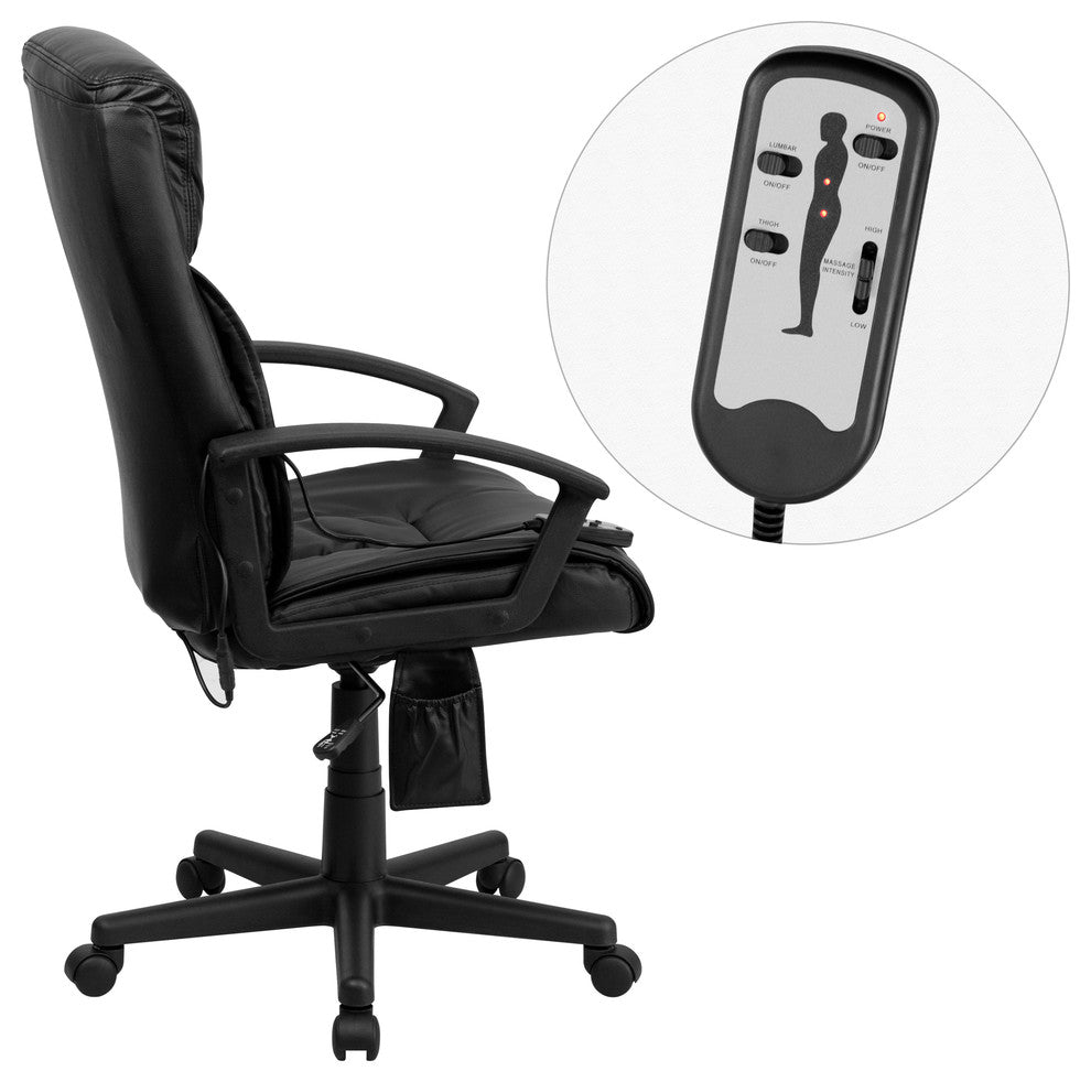 Ergonomic Massaging Black Leather Executive Office Chair, Side Remote Pocket