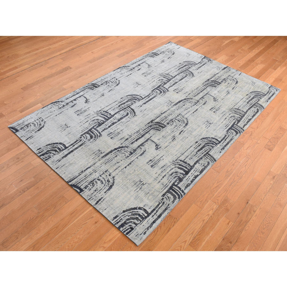 Cloud Gray THE CANE Pure Silk With Textured Wool Hand Knotted Rug 6'x9'