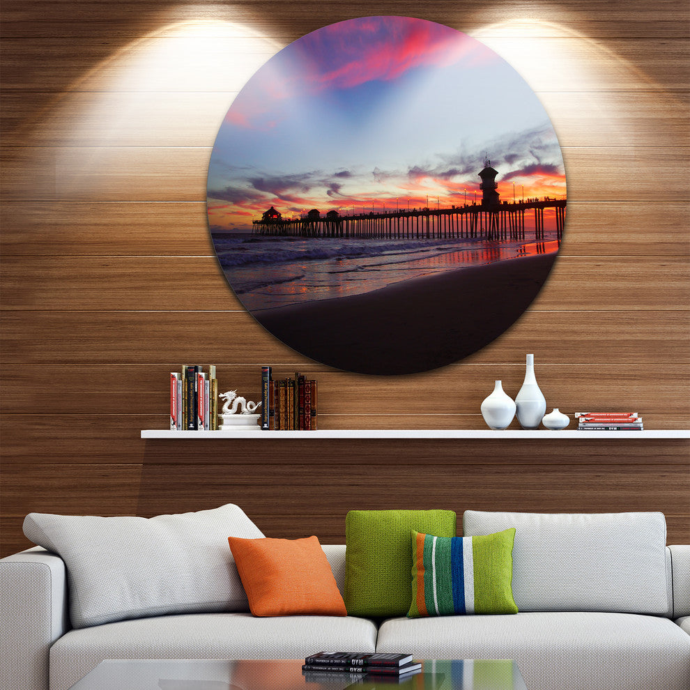 Sea Bridge In California With Red Clouds, Seascape Disc Artwork, 36"