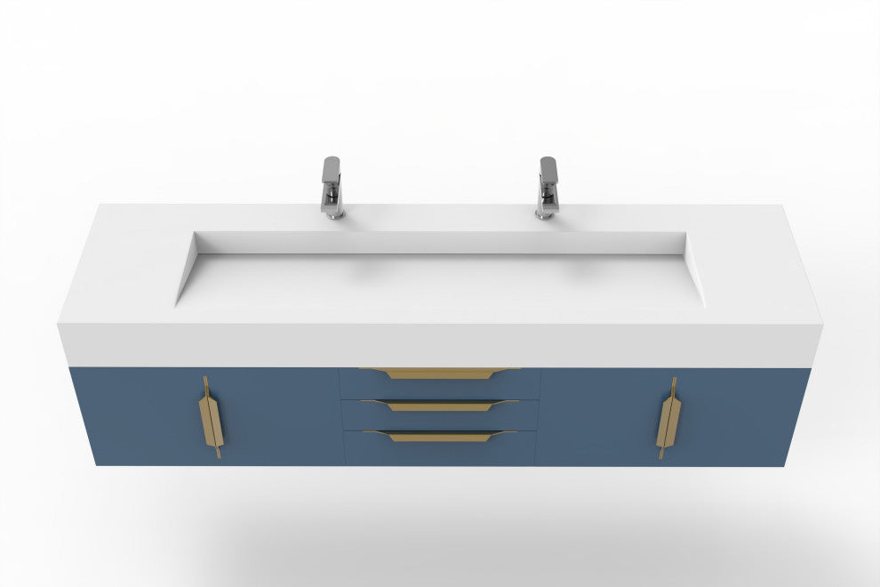 CastelloUSA Nile 72" Wall Mounted Bathroom Vanity Set, Blue, White Top, Gold Handles