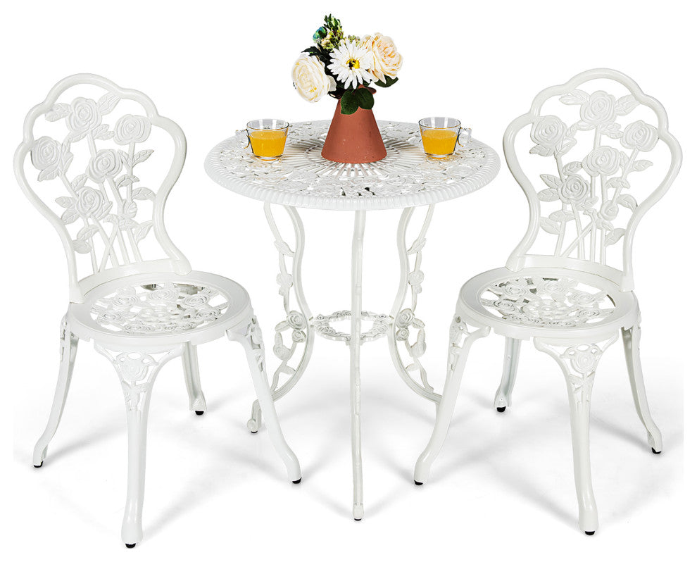 Costway 3PCS Cast Aluminum Patio Bistro Furniture Set Rose Design Outdoor White