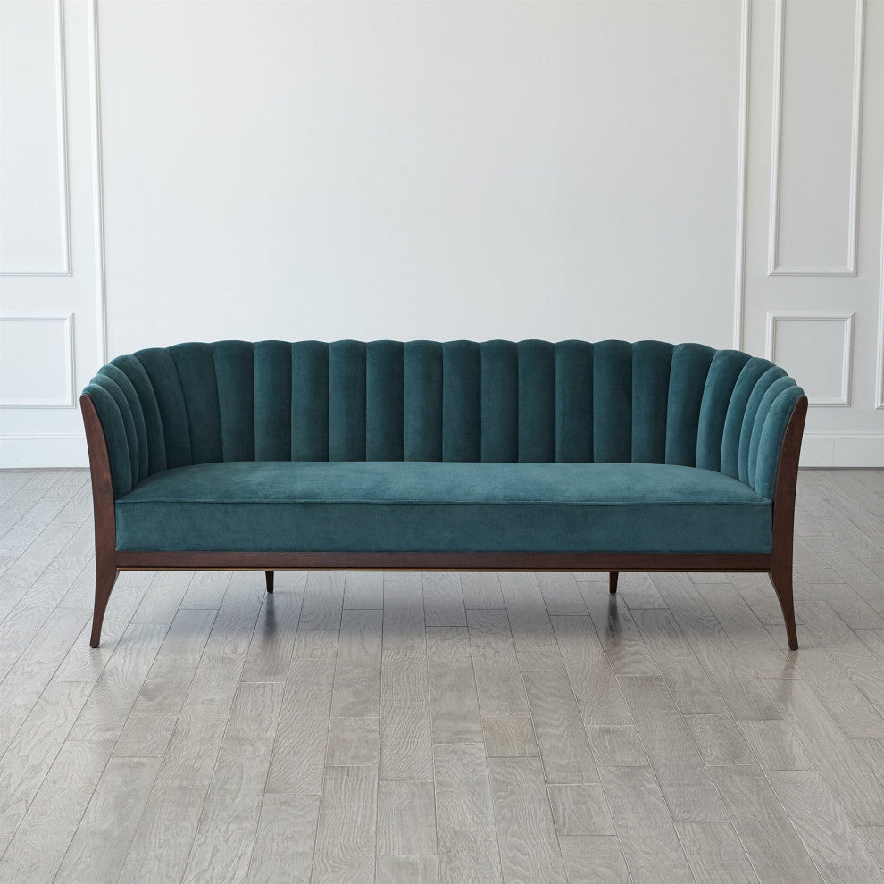 Dragonfly Aqua Blue Velvet Channel Back Sofa Vintage Style Retro Curved 3 Seat