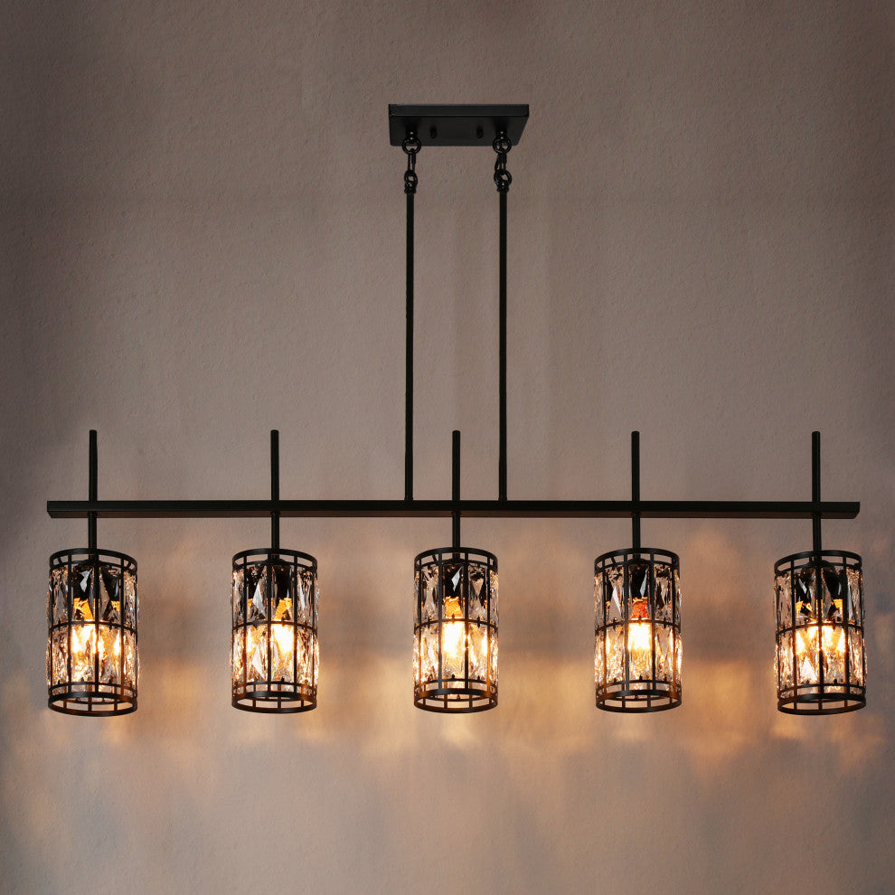 LNC Chispa Black Modern Linear Crystal Large Kitchen Island Light, 5 Lights