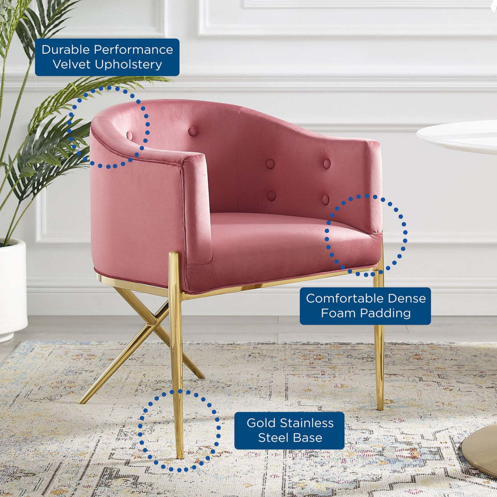Tufted Side Dining Chair, Velvet, Metal, Pink, Modern, Cafe Bistro Restaurant